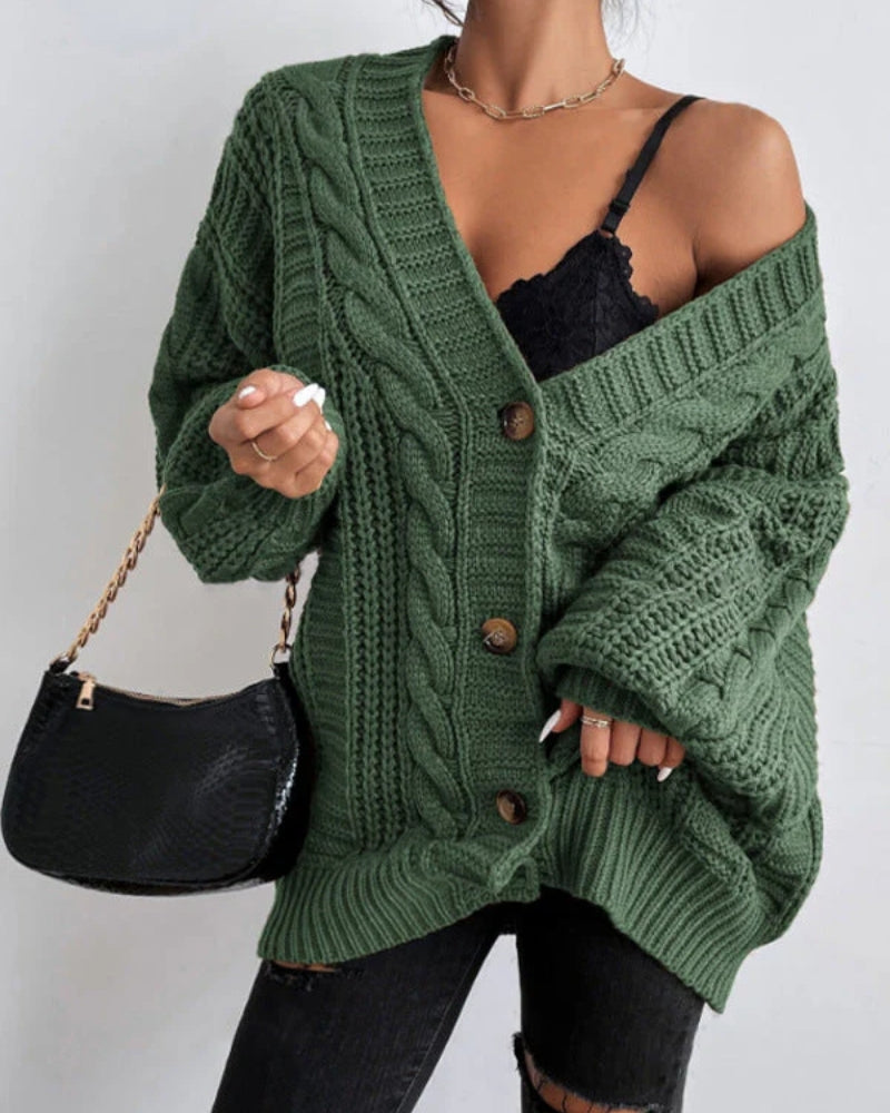Veste en tricot femme – Avec motif torsadé, coupe large et fermeture à boutons