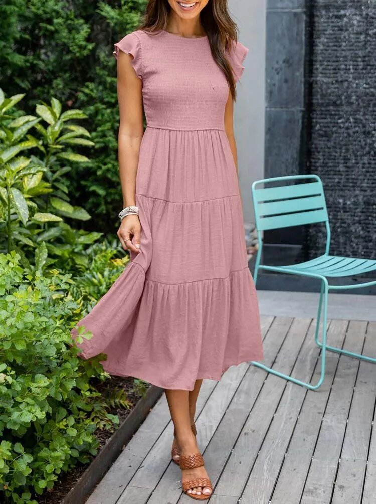 Luna | Robe Maxi à Volants à Manches Courtes Contrôle du Ventre