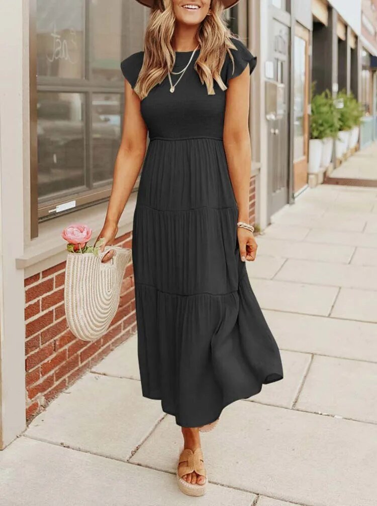 Luna | Robe Maxi à Volants Manches Courtes Contrôle du Ventre