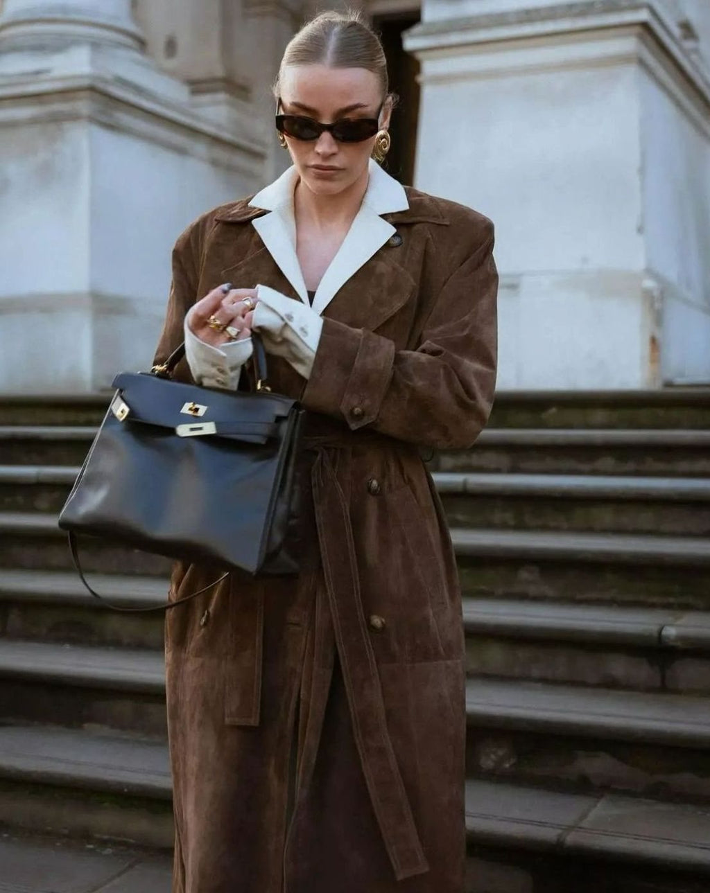 Nora | Trench-coat Femme Long Manteau en Suède avec Ceinture à la Taille