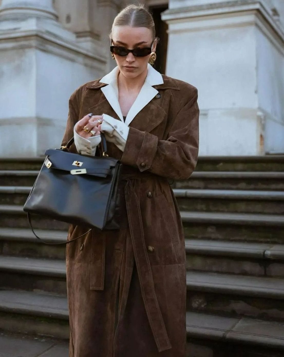 Nora | Trench-coat Femme Long Manteau en Suède avec Ceinture à la Taille
