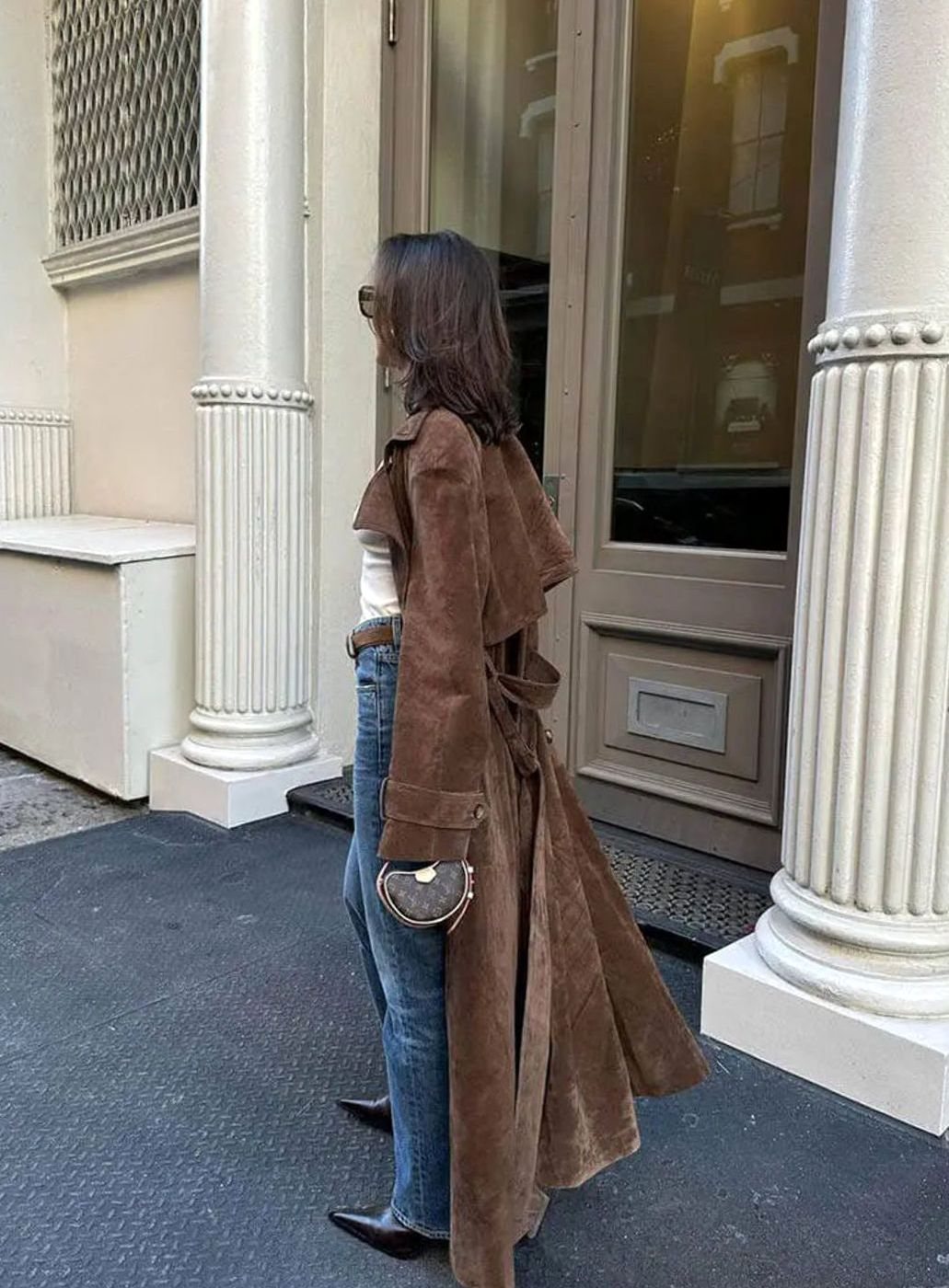 Nora | Trench-coat Femme Long Manteau en Suède avec Ceinture à la Taille