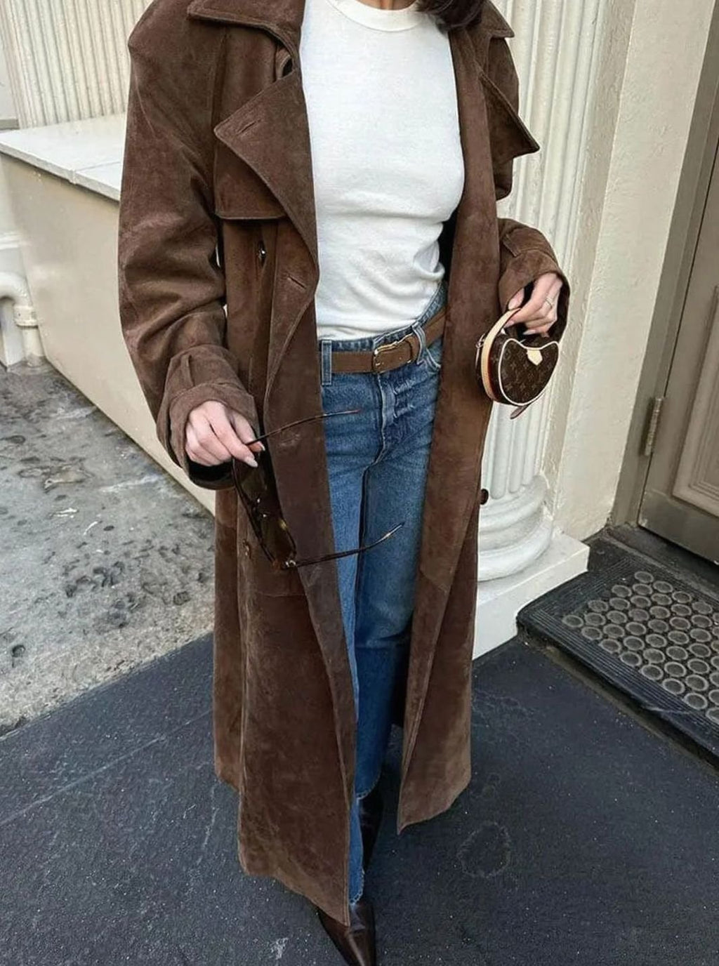 Nora | Trench-coat Femme Long Manteau en Suède avec Ceinture à la Taille