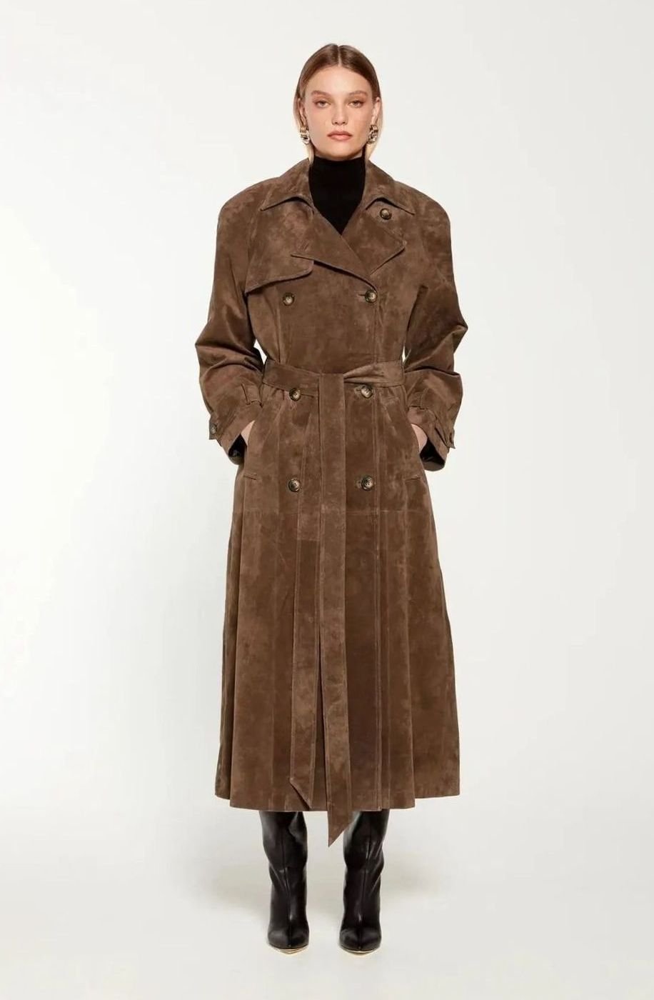 Nora | Trench-coat Femme Long Manteau en Suède avec Ceinture à la Taille