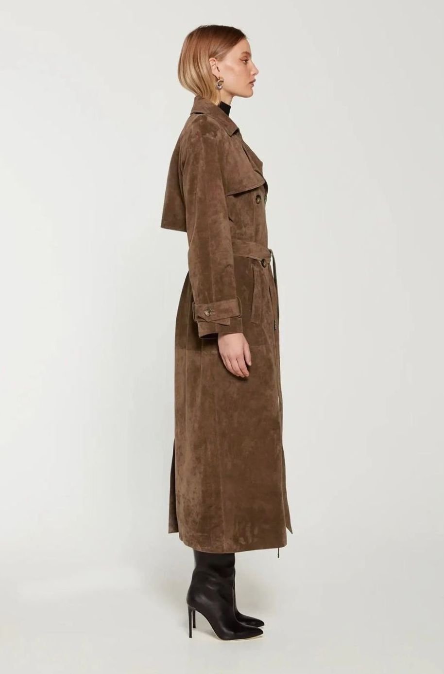 Nora | Trench-coat Femme Long Manteau en Suède avec Ceinture à la Taille