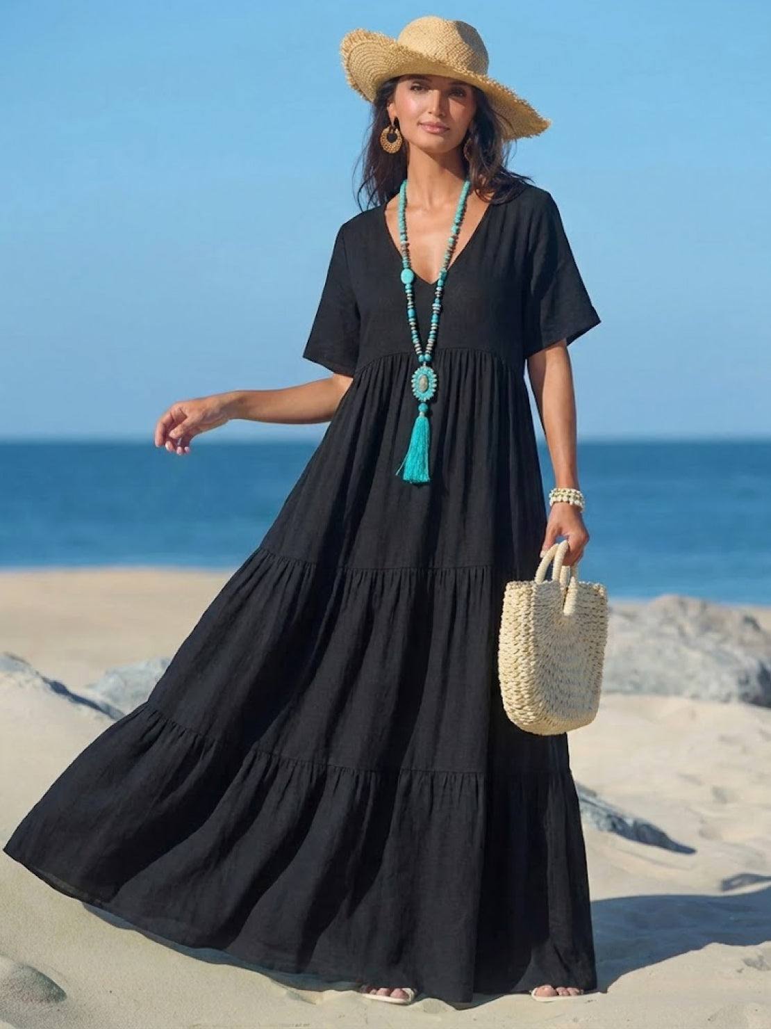 Brooklyn | Robe Maxi à Volants Boho à Col V pour Femmes