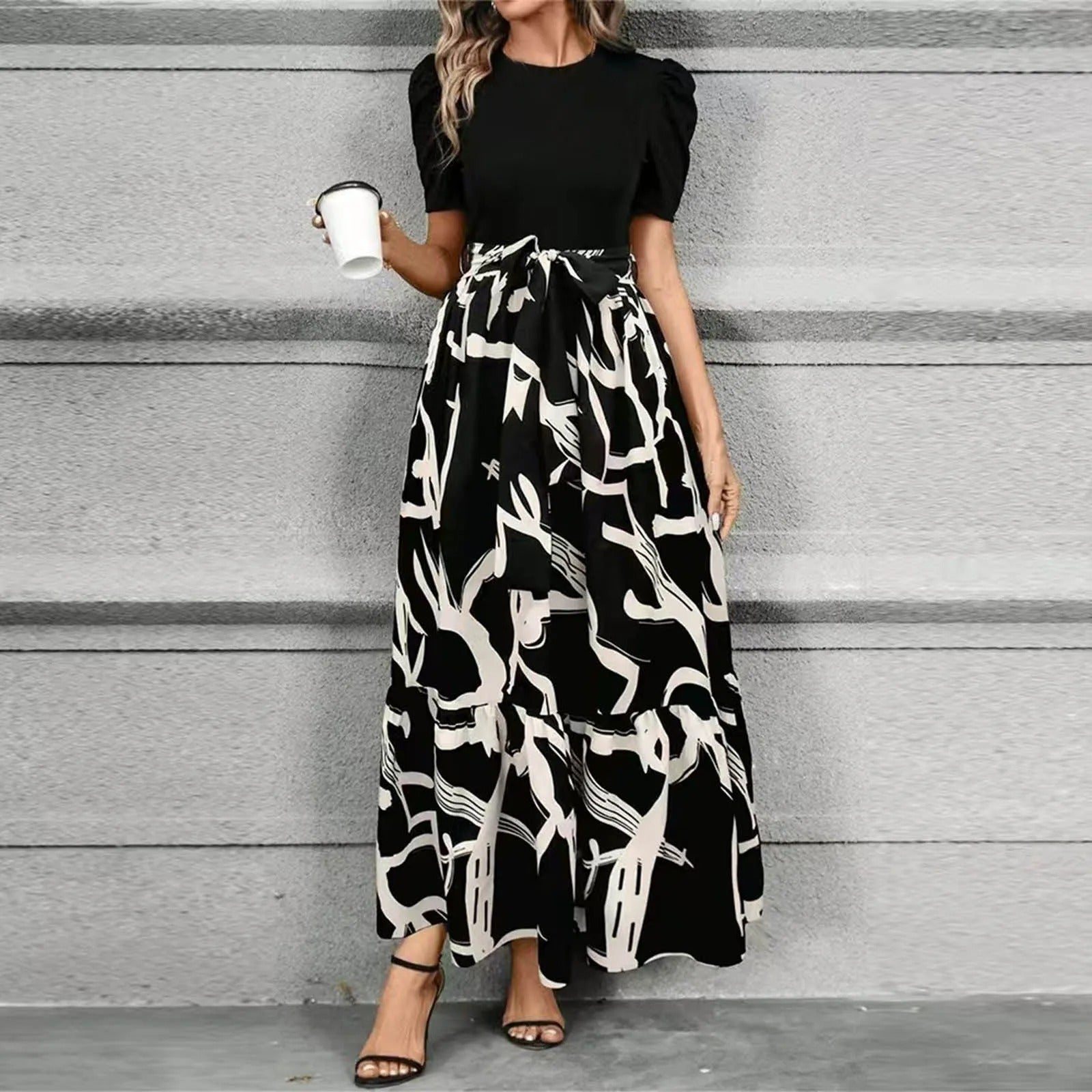 Elise | Robe Maxi à Manches Bouffantes et Imprimé Floral avec Ceinture à Nouer