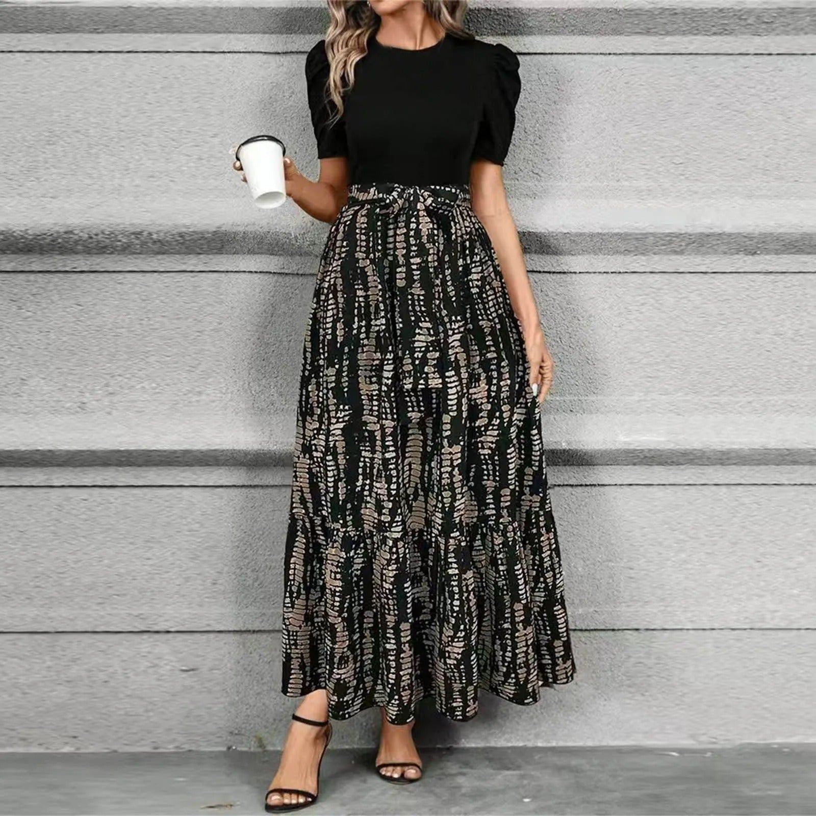 Elise | Robe Maxi à Manches Bouffantes et Imprimé Floral avec Ceinture à Nouer