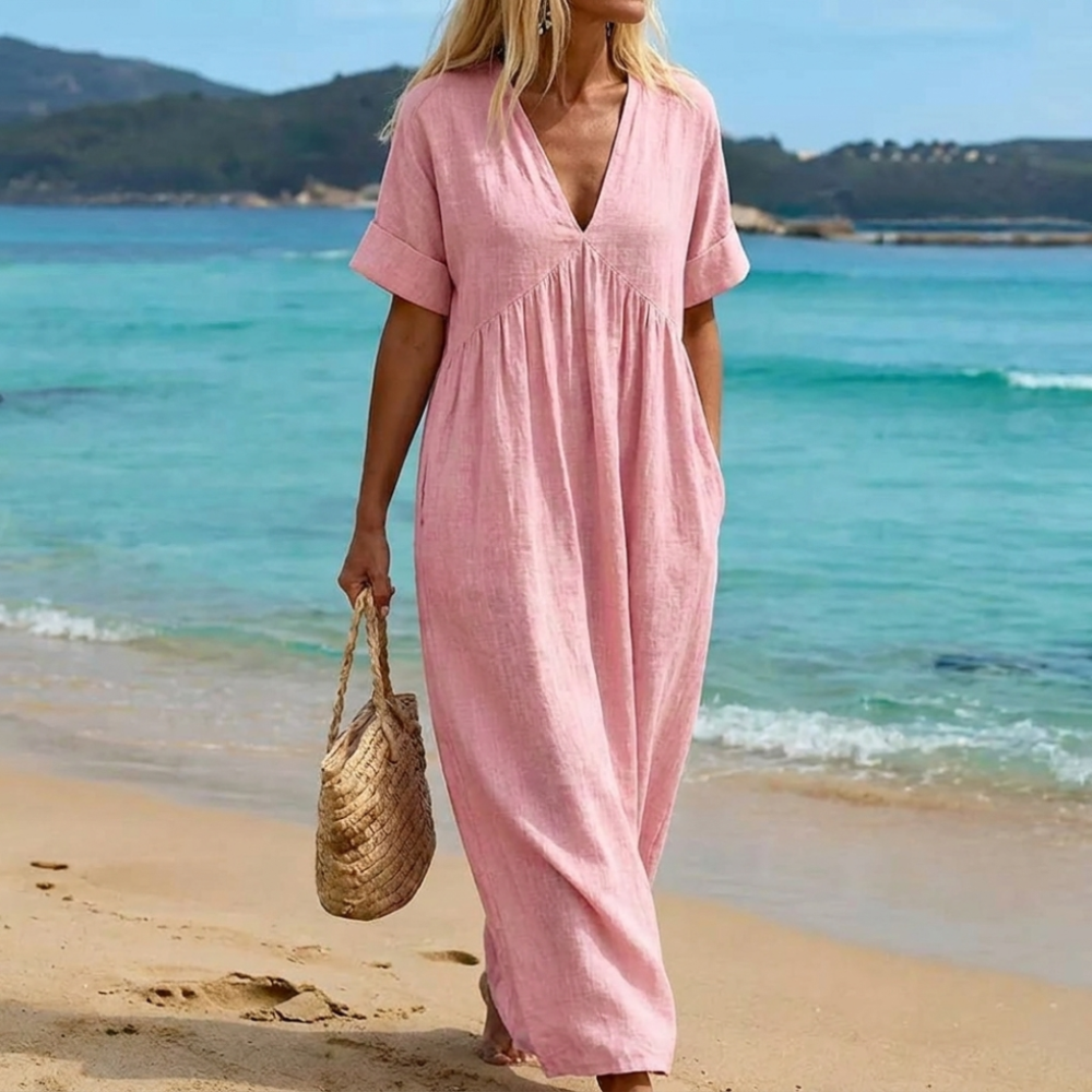 Exevana | Robe maxi légère à manches courtes et décolleté en V