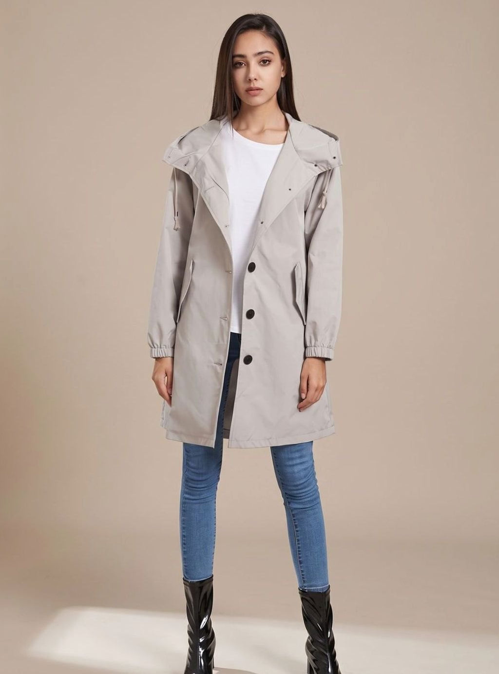 Greta | Manteau Trench Imperméable Femme avec Capuche Long Manteau d'Extérieur