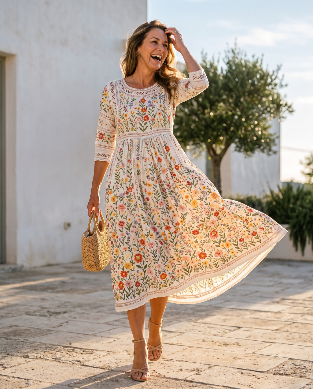 Eisel | Robe midi à fleurs avec détails en dentelle et poches