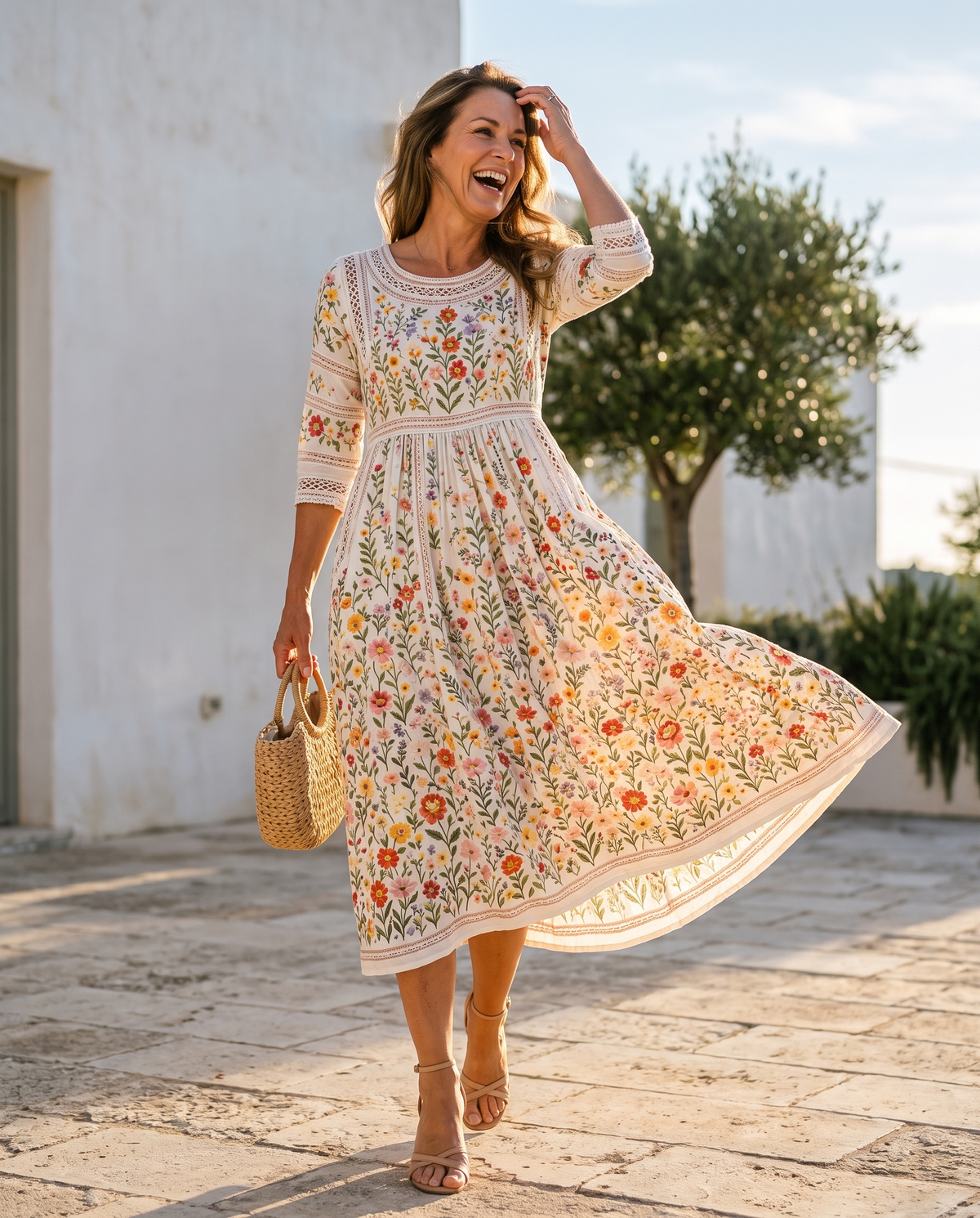 Eisel | Robe midi à fleurs avec détails en dentelle et poches