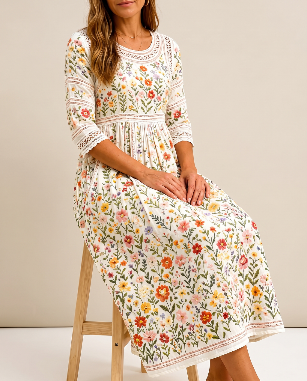 Eisel | Robe midi à fleurs avec détails en dentelle et poches
