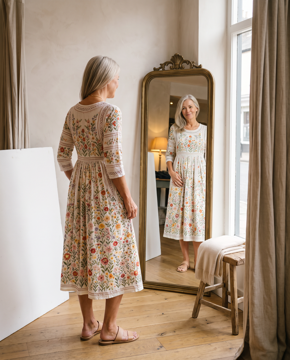 Eisel | Robe midi à fleurs avec détails en dentelle et poches