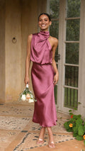 Rochella™ - Robe en Satin Élégante avec Col Montant Rose Poudré