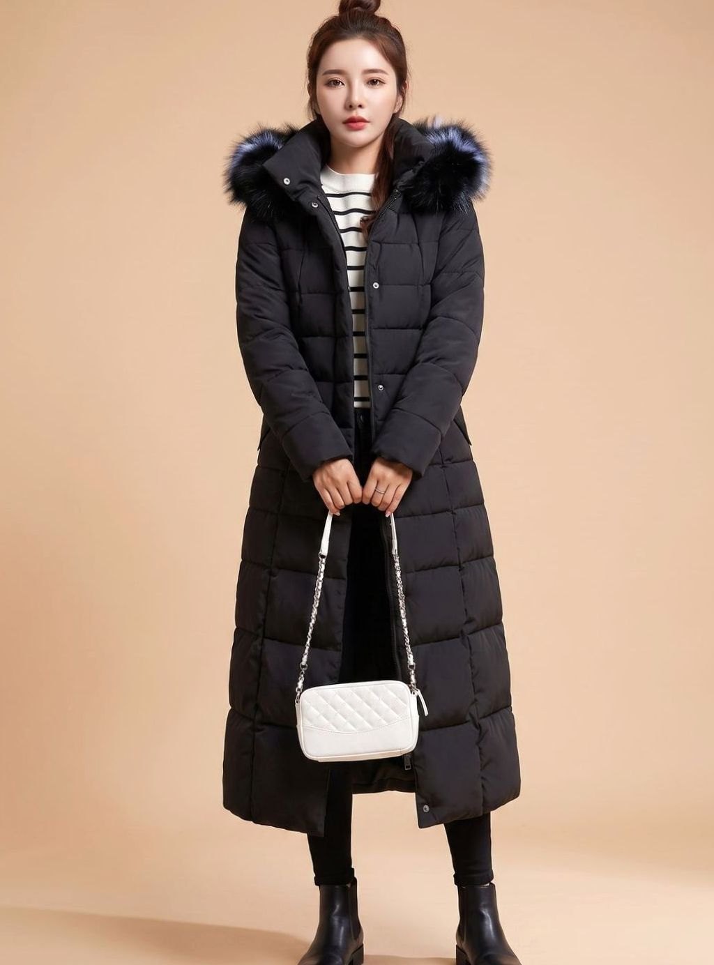 Emilia | Manteau d'hiver femme long matelassé avec capuche et bordure en fausse fourrure