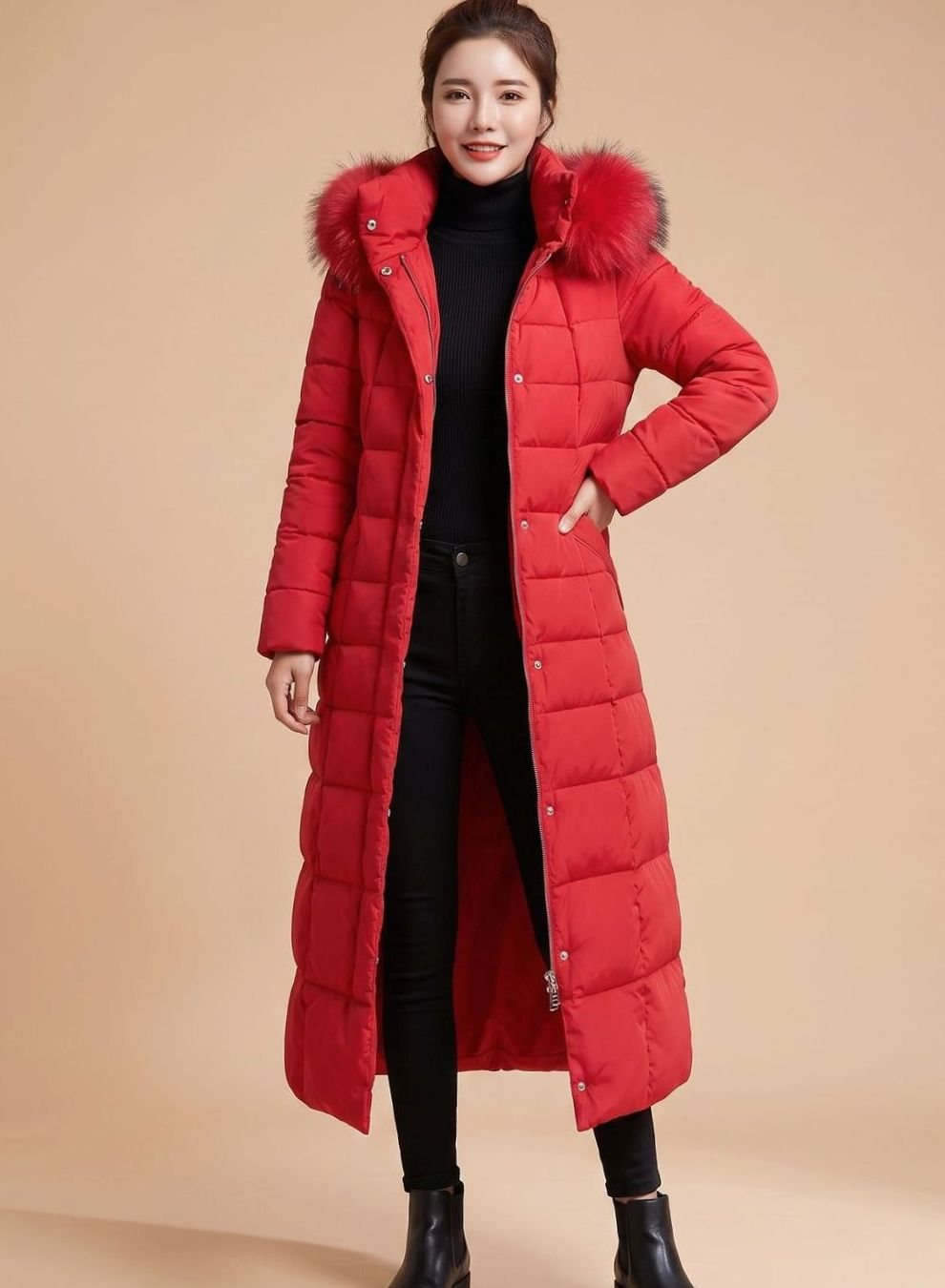 Emilia | Manteau d'hiver femme long matelassé avec capuche et bordure en fausse fourrure
