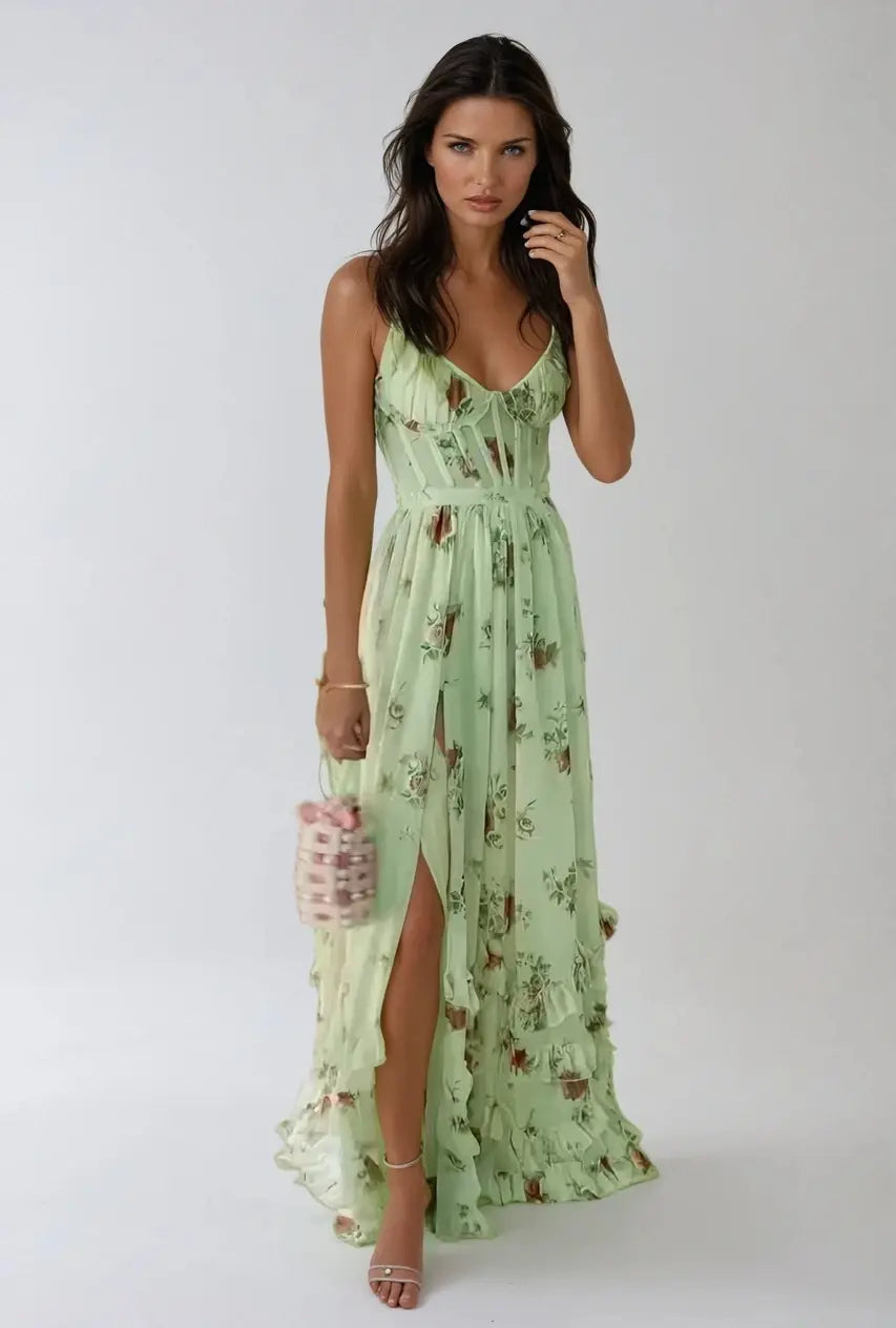 Cäcilie | Robe maxi avec bretelles spaghetti et ourlet volanté