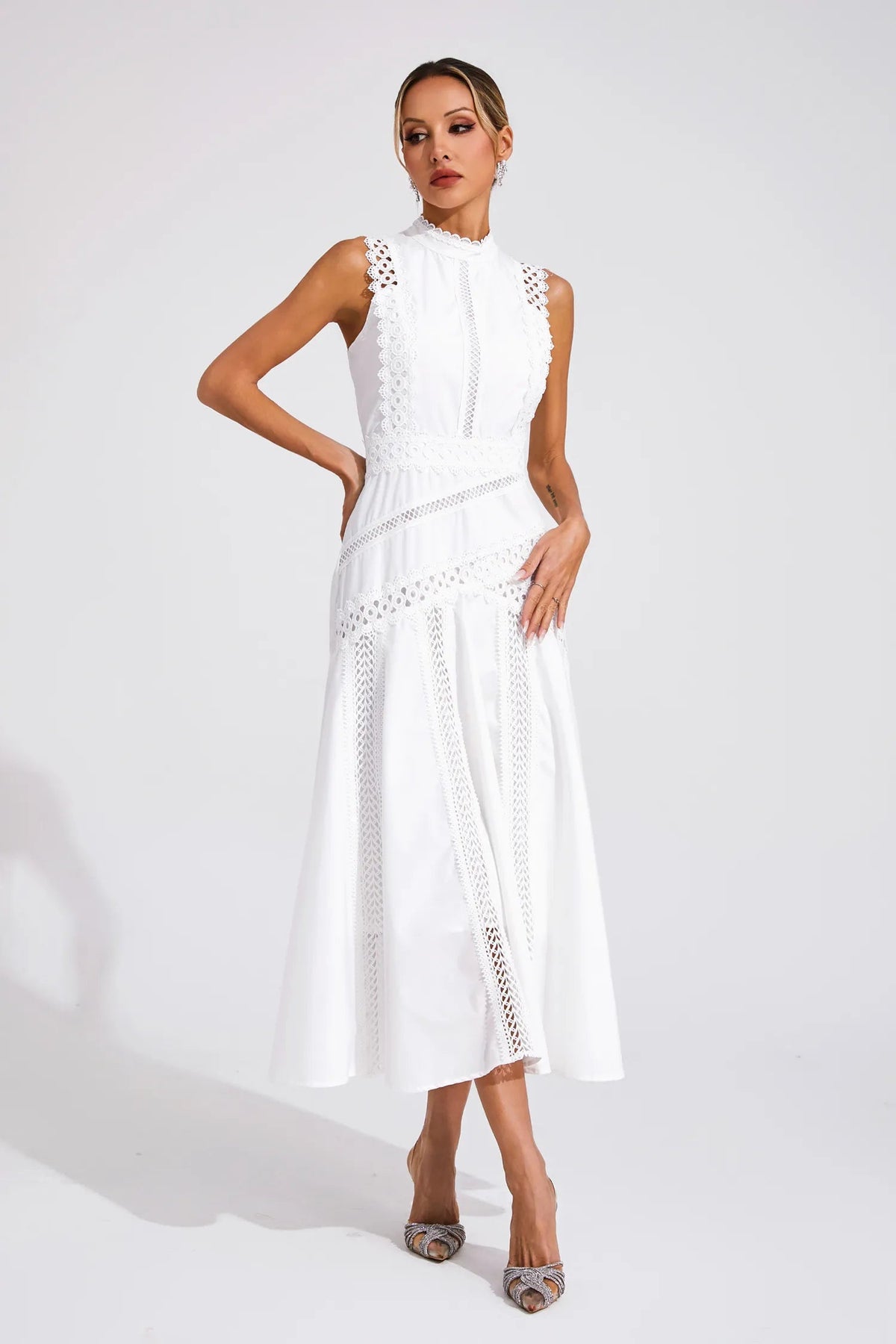 Robe Midi pour Invitées de Mariage | Sans Manches en Dentelle