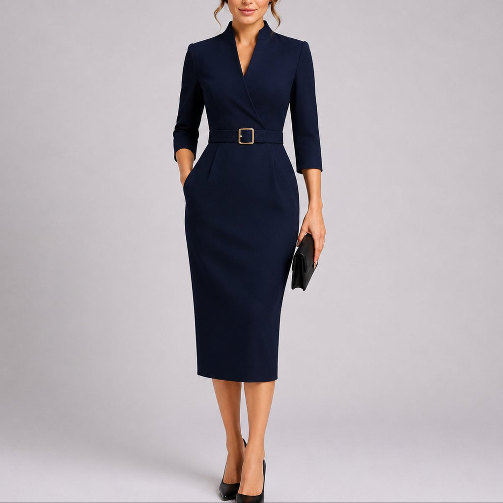 Scarlett | Robe Midi Bodycon Ceinturée pour Femme Invité de Mariage Automne Décolleté en V