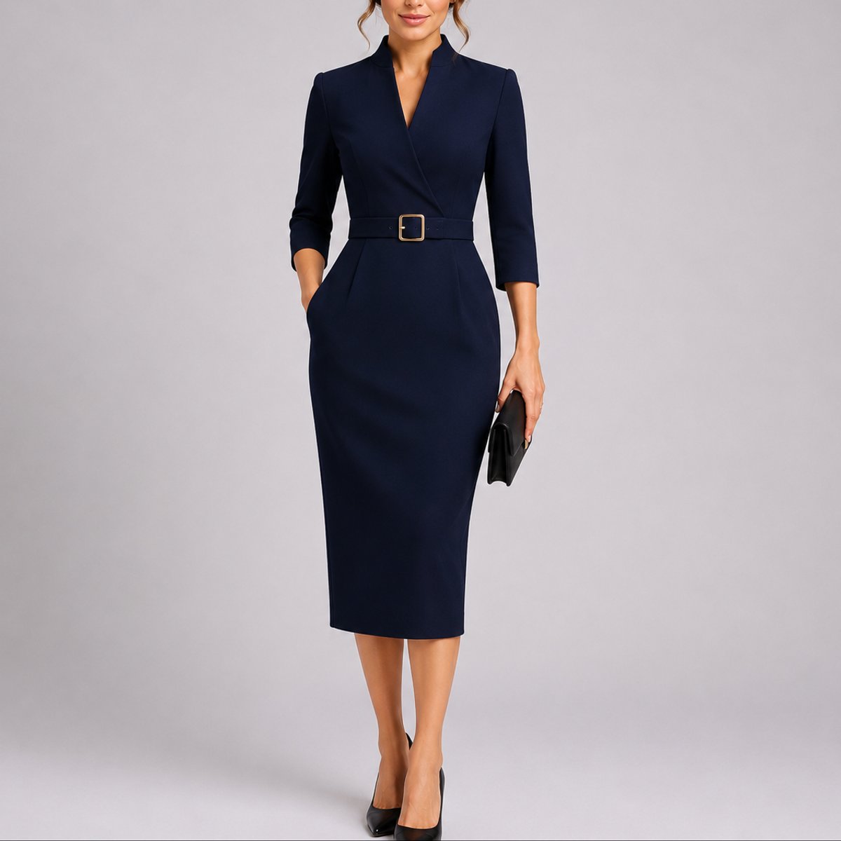 Scarlett | Robe Midi Bodycon Ceinturée pour Femme Invité de Mariage Automne Décolleté en V