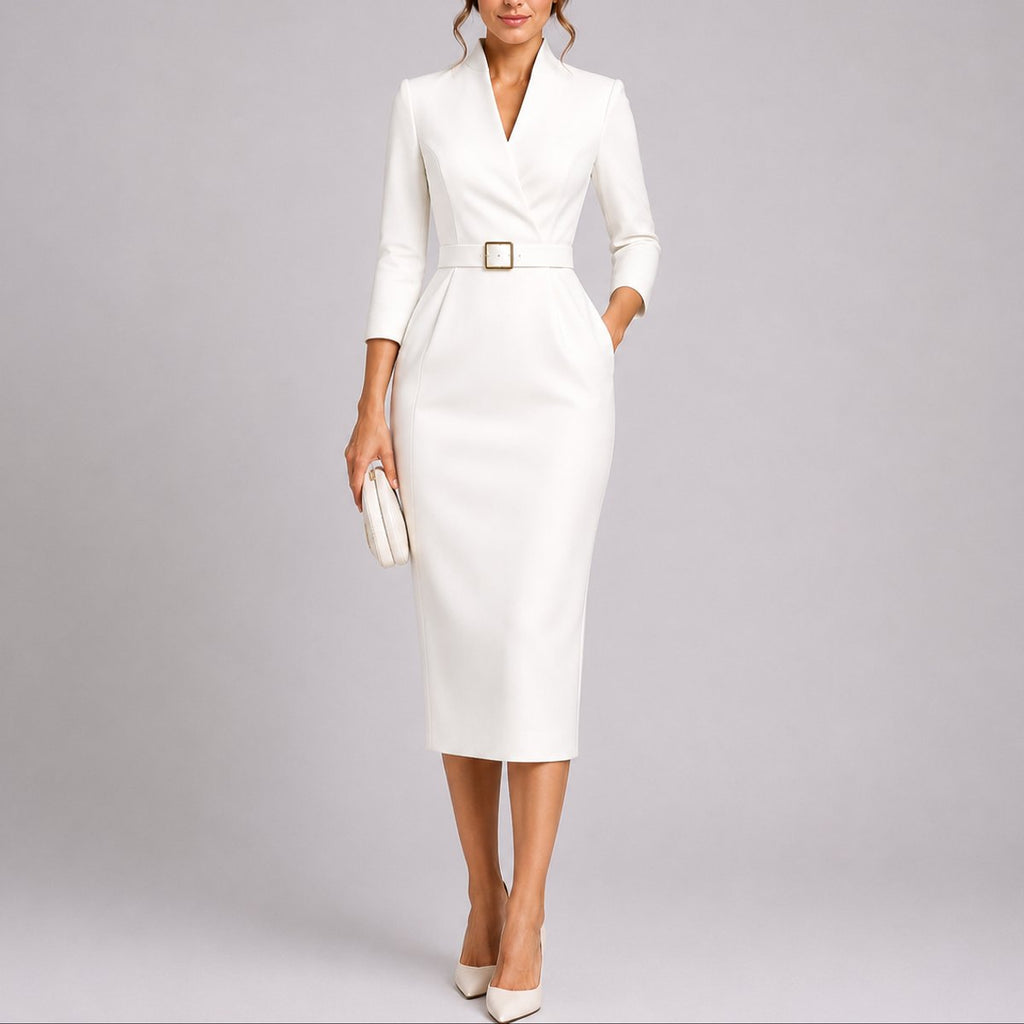 Scarlett | Robe Midi Bodycon Ceinturée pour Femme Invité de Mariage Automne Décolleté en V