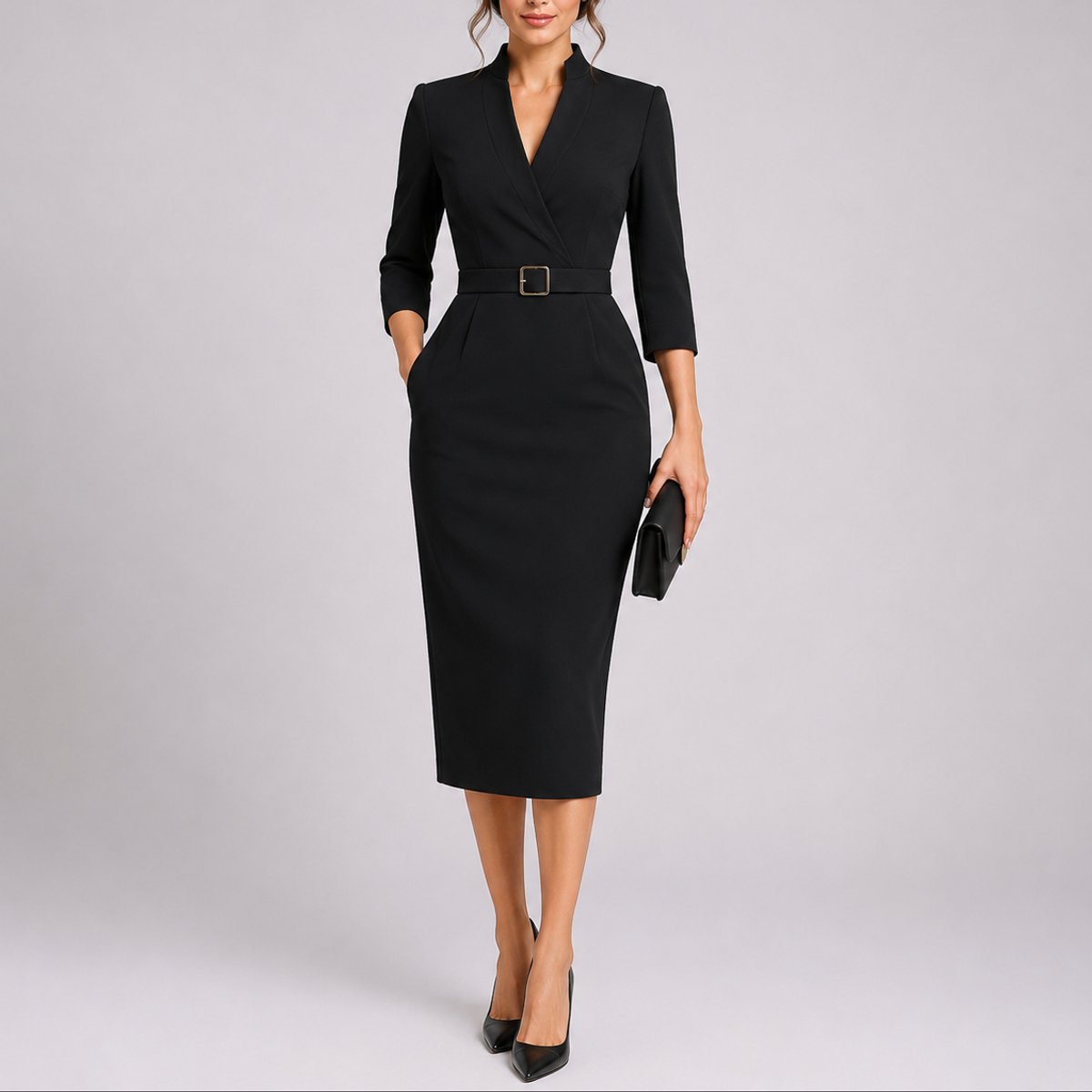 Scarlett | Robe Midi Bodycon Ceinturée pour Femme Invité de Mariage Automne Décolleté en V