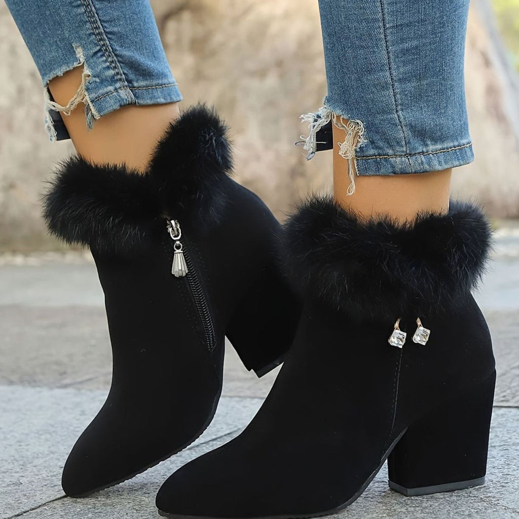 Madison | Bottes Noires pour Femmes avec Fourrure, Talon Bloc et Bout Pointu