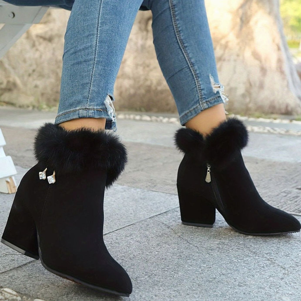 Madison | Bottes Noires pour Femmes avec Fourrure, Talon Bloc et Bout Pointu