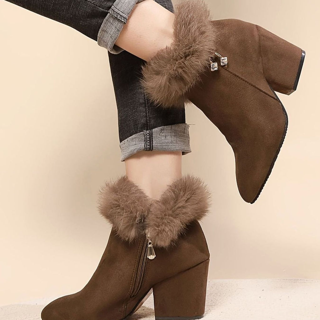 Madison | Bottes Noires pour Femmes avec Fourrure, Talon Bloc et Bout Pointu