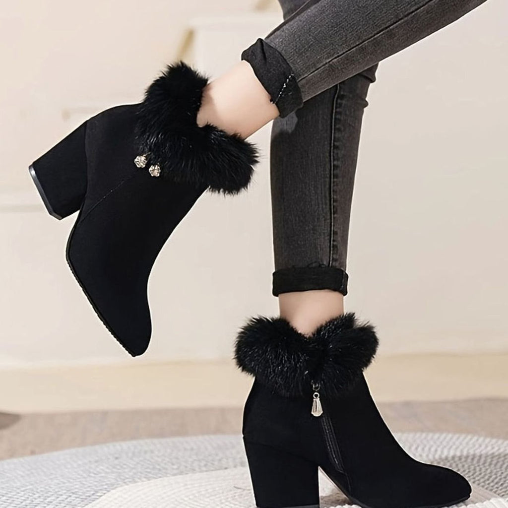 Madison | Bottes Noires pour Femmes avec Fourrure, Talon Bloc et Bout Pointu