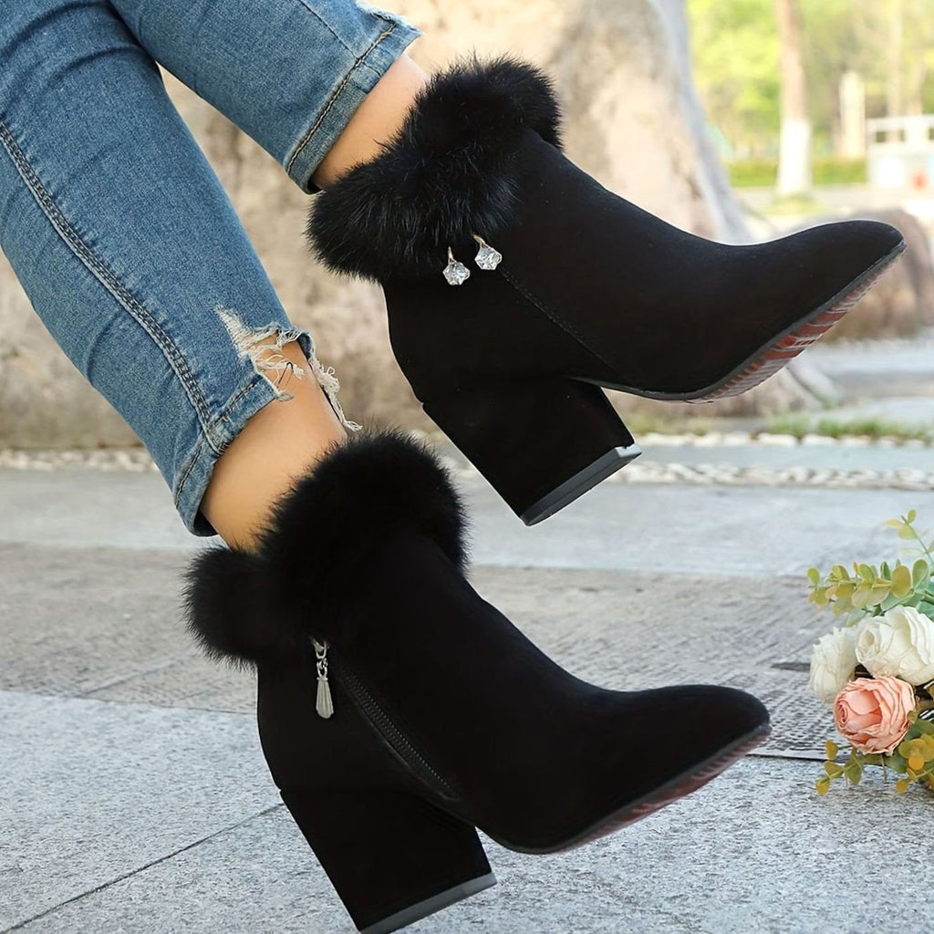 Madison | Bottes Noires pour Femmes avec Fourrure, Talon Bloc et Bout Pointu