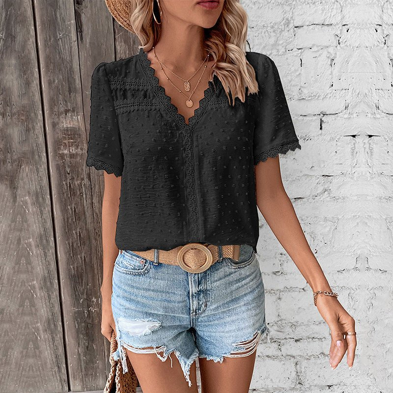 Eleanor | Blouse en dentelle à pois suisses pour femmes, coupe bohème, décolleté en V