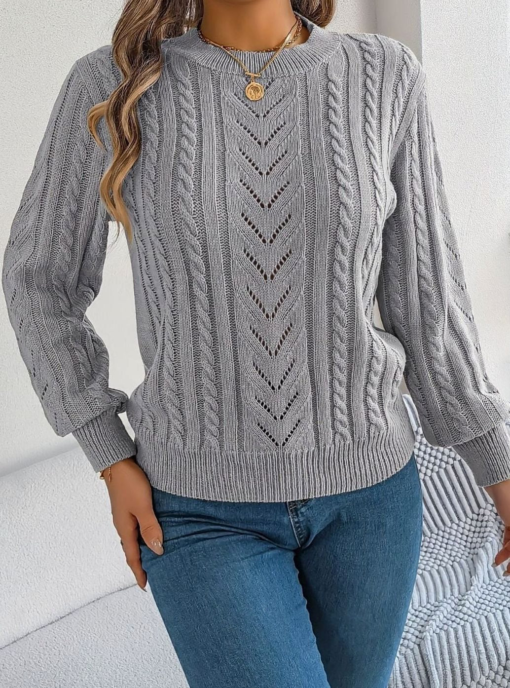 Mia | Pull Relaxed à Col Rond en Tricot Cable