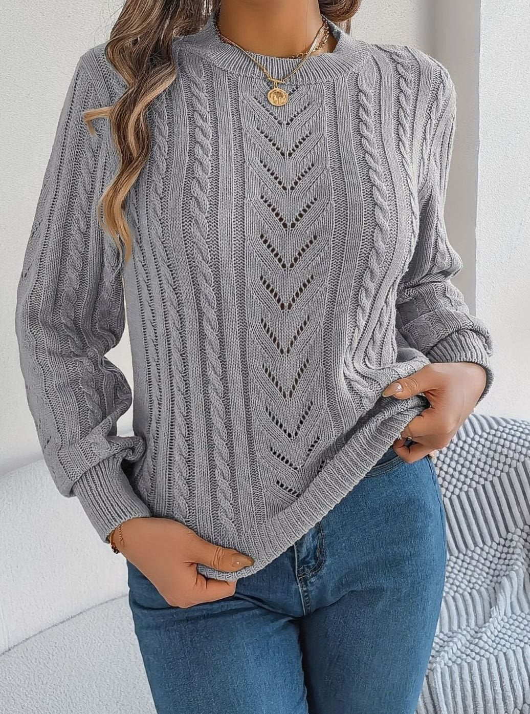 Mia | Pull Relaxed à Col Rond en Tricot Cable