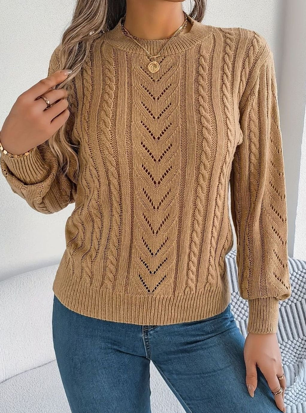 Mia | Pull Relaxed à Col Rond en Tricot Cable
