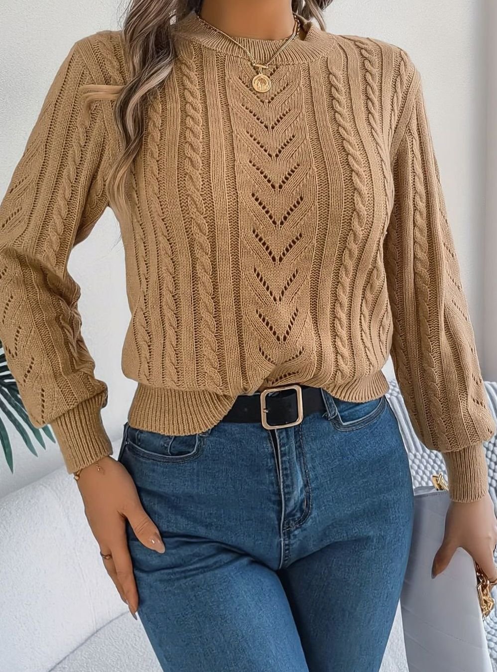 Mia | Pull Relaxed à Col Rond en Tricot Cable