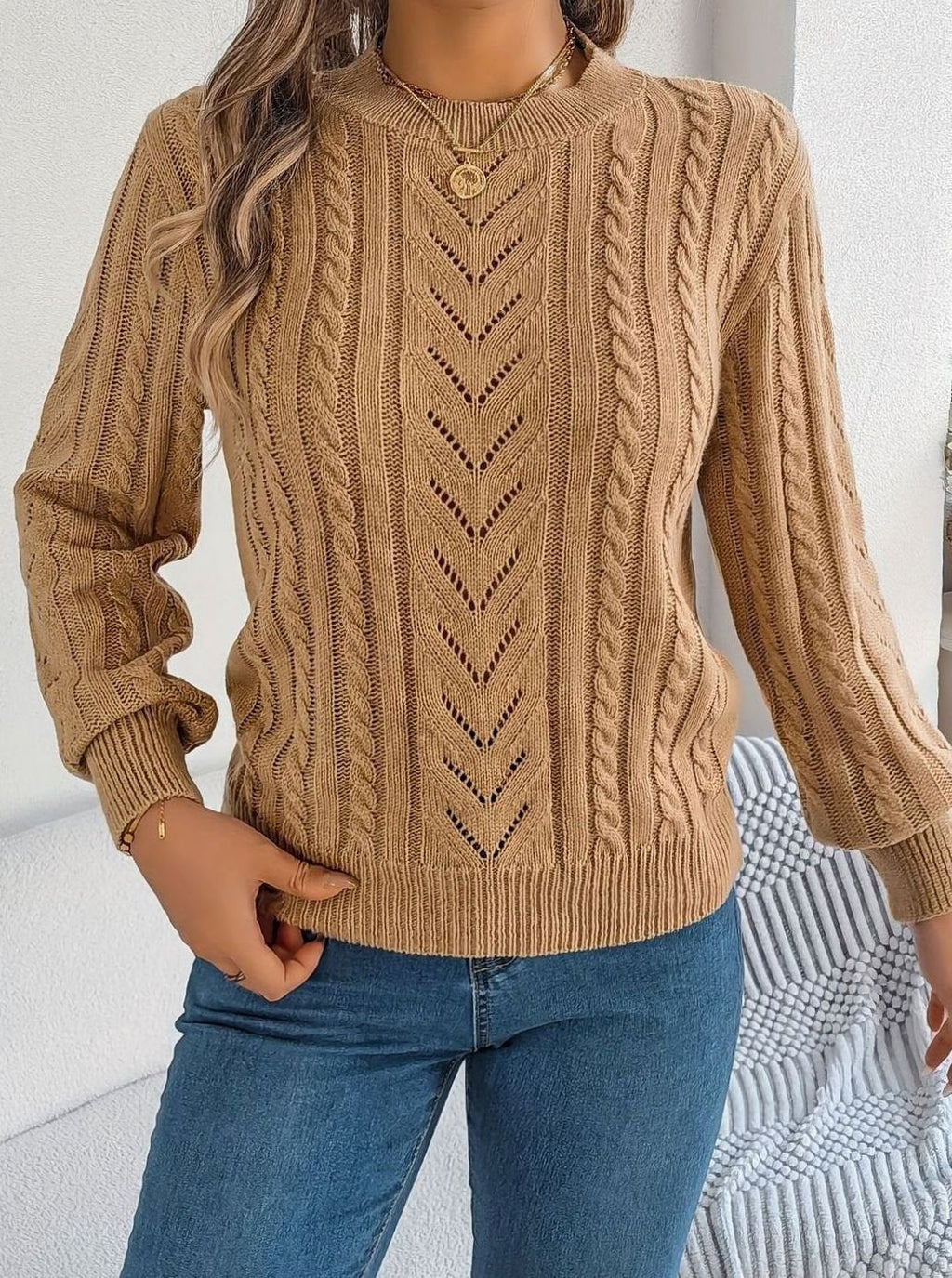 Mia | Pull Relaxed à Col Rond en Tricot Cable