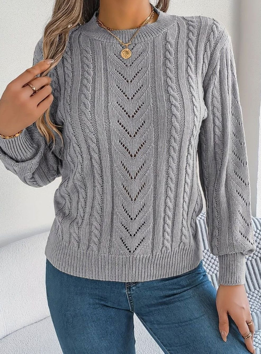 Mia | Pull Relaxed à Col Rond en Tricot Cable