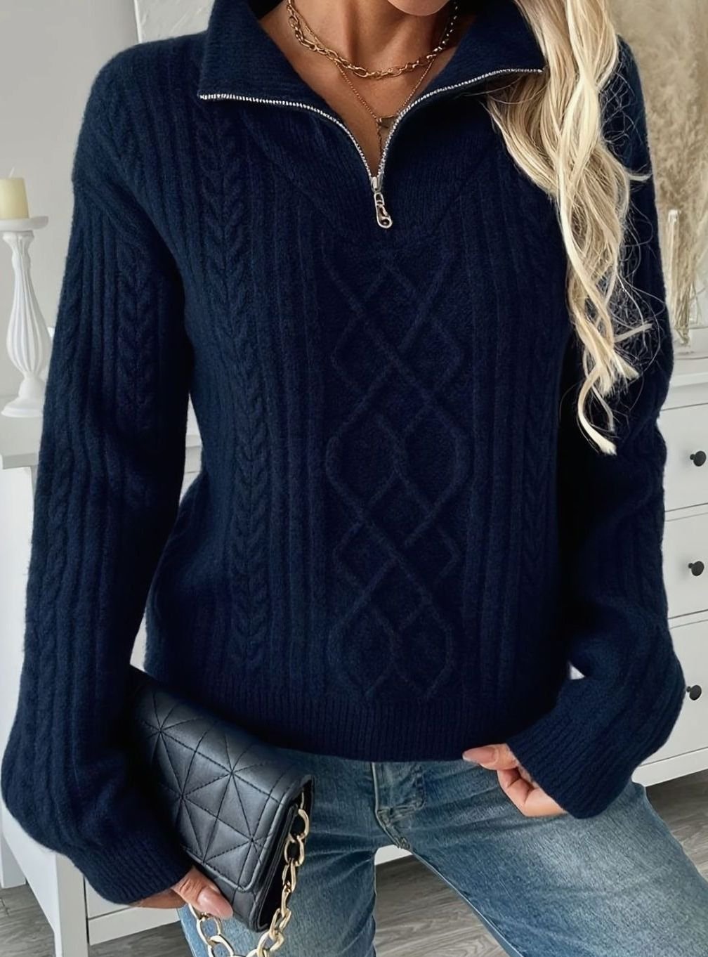 Pénélope | Pull-over à col zippé quart en tricot torsadé pour femmes