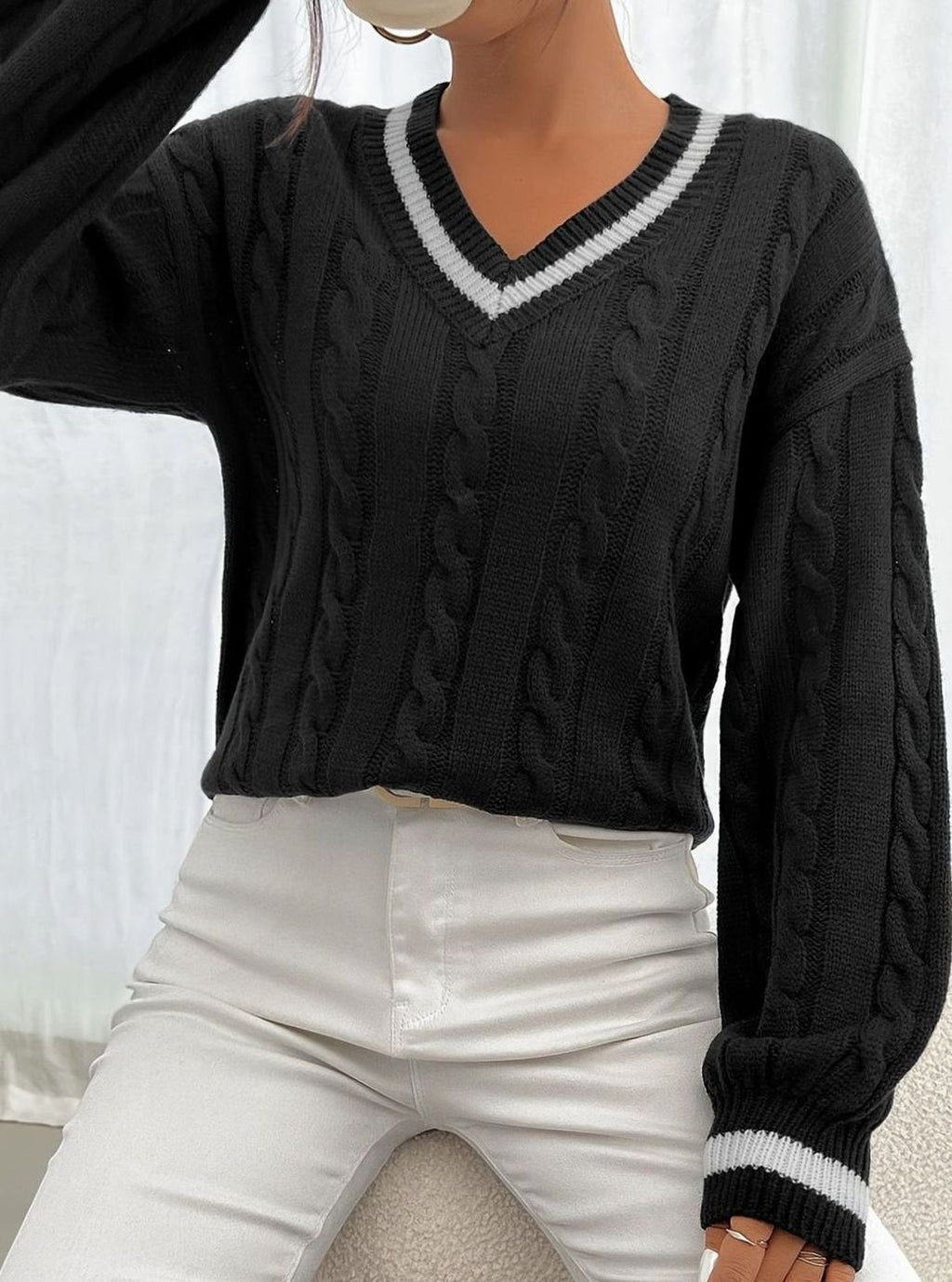 Sophia | Pull à col en V en maille torsadée pour femmes