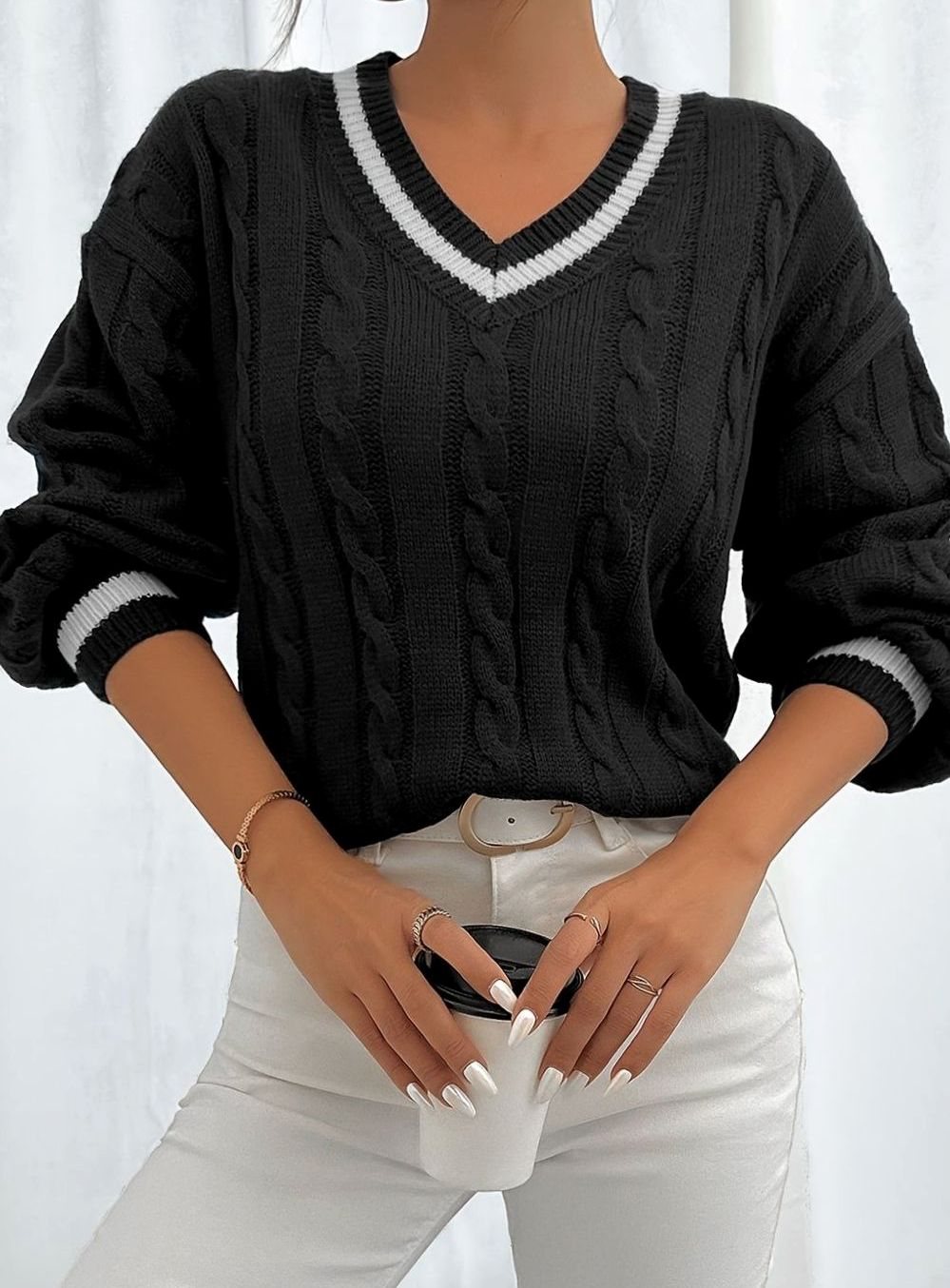 Sophia | Pull à col en V en maille torsadée pour femmes