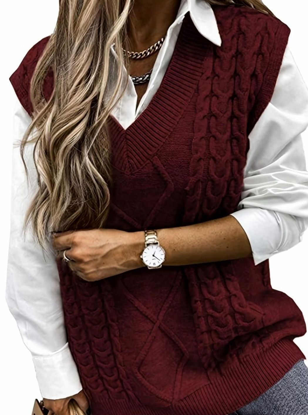 Camila | Gilet en maille torsadée pour femmes, décolleté en V, coupe décontractée