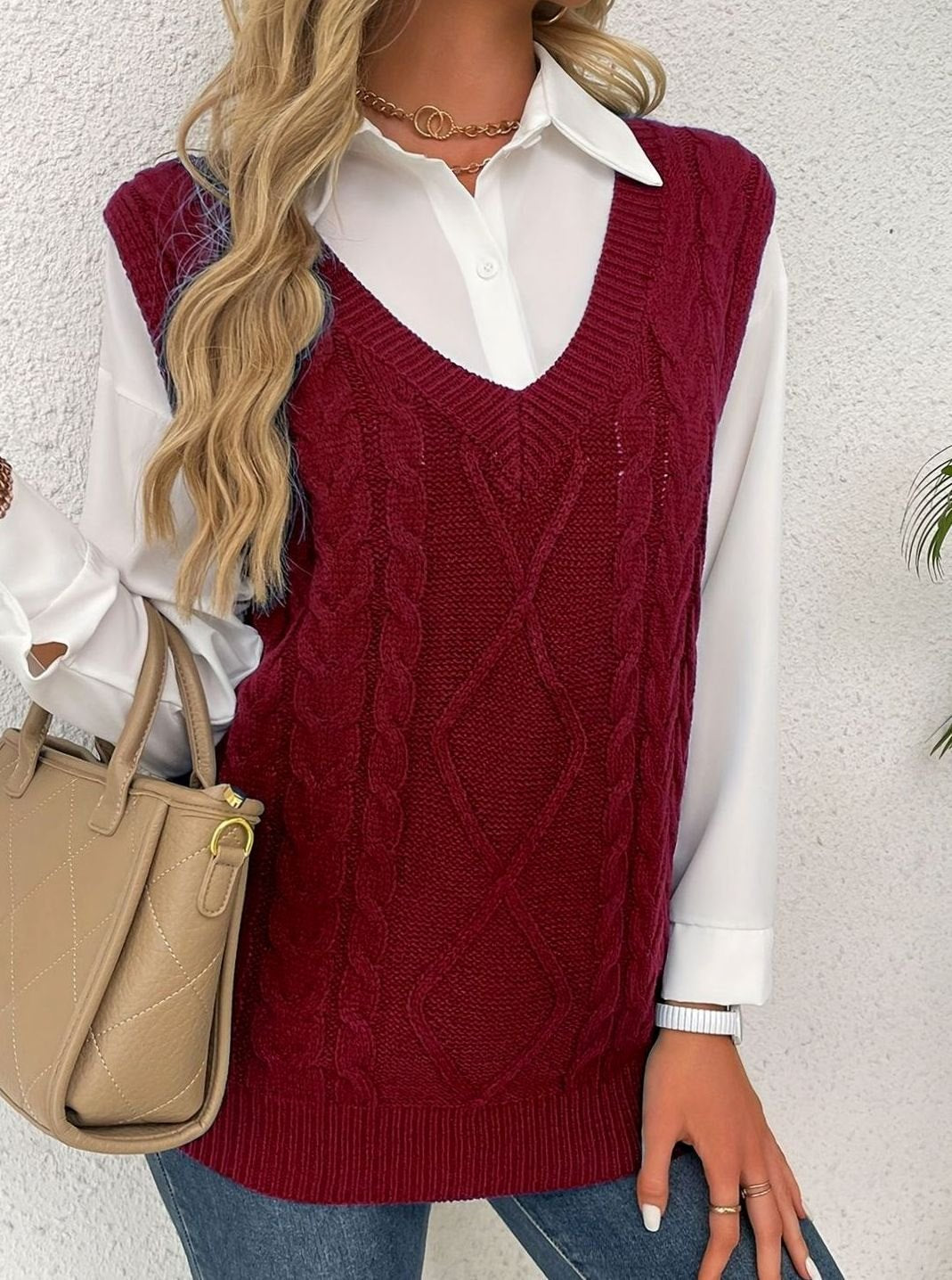 Camila | Gilet en maille torsadée pour femmes, décolleté en V, coupe décontractée