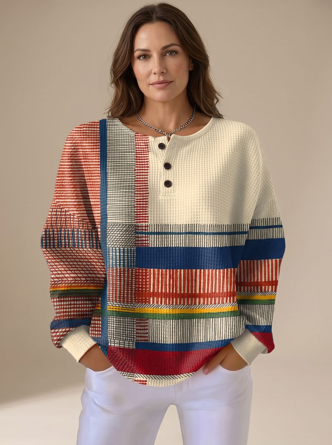 Sophia | Pull Henley en tricot gaufré colorblock pour femmes