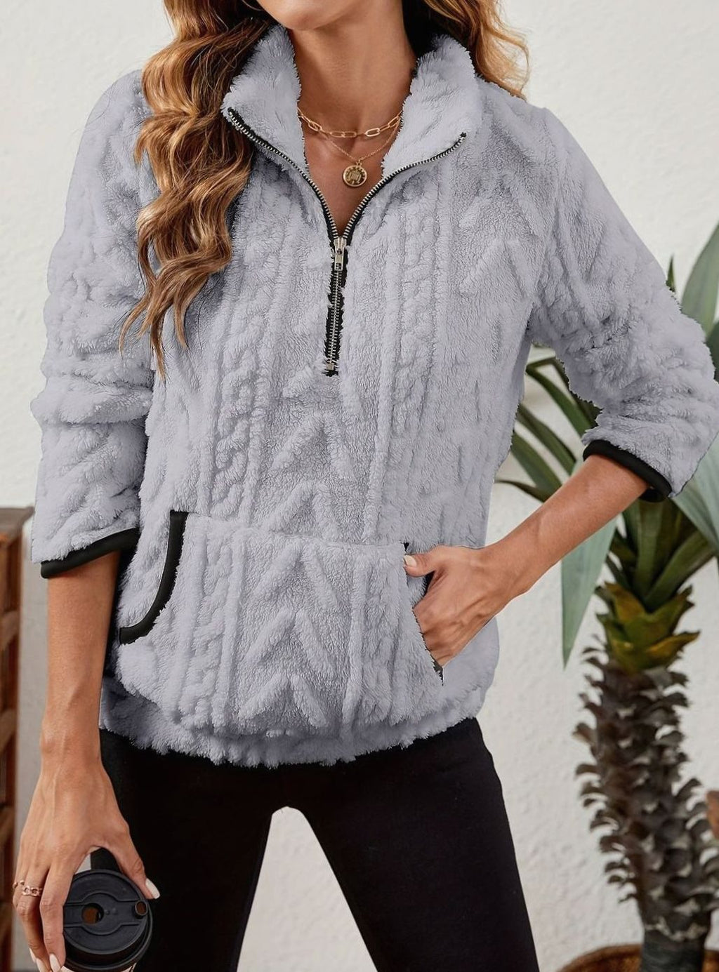 Madison | Pull en polaire pour femmes avec demi-fermeture éclair et poche kangourou