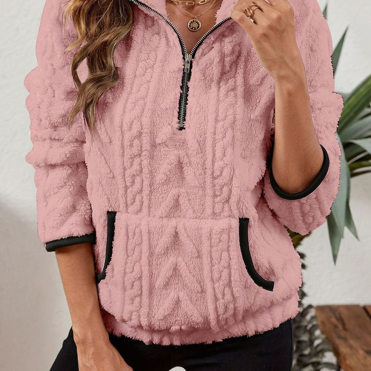 Madison | Pull en polaire pour femmes avec demi-fermeture éclair et poche kangourou