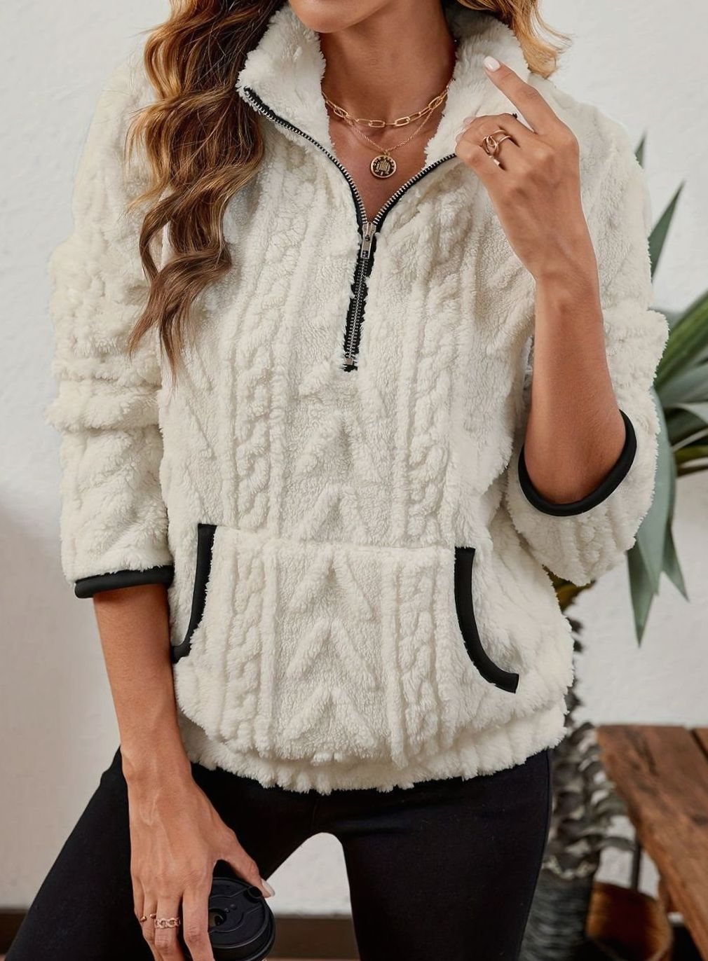 Madison | Pull en polaire pour femmes avec demi-fermeture éclair et poche kangourou