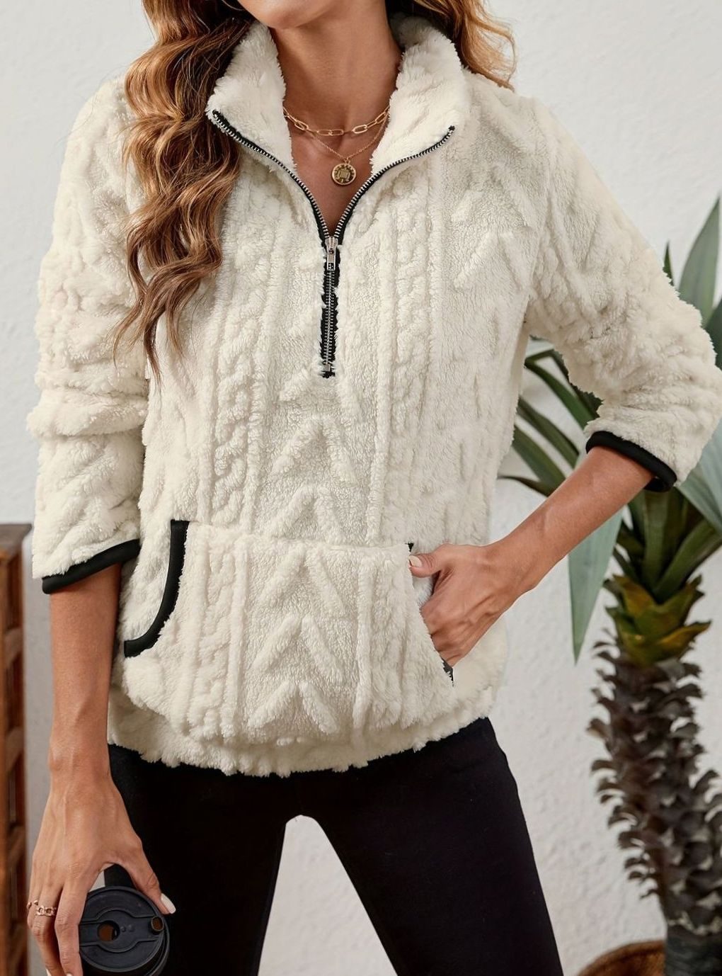 Madison | Pull en polaire pour femmes avec demi-fermeture éclair et poche kangourou