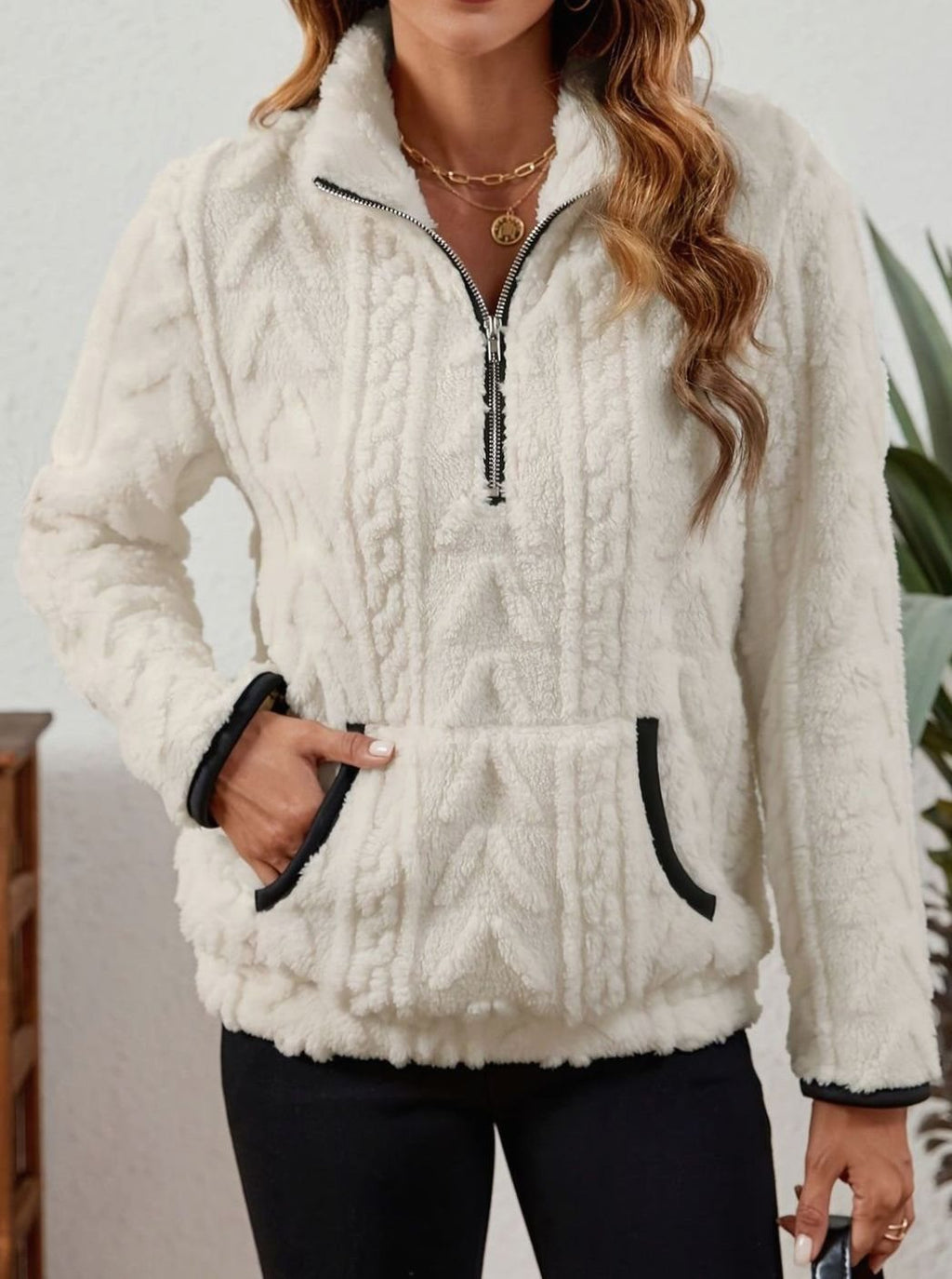 Madison | Pull en polaire pour femmes avec demi-fermeture éclair et poche kangourou